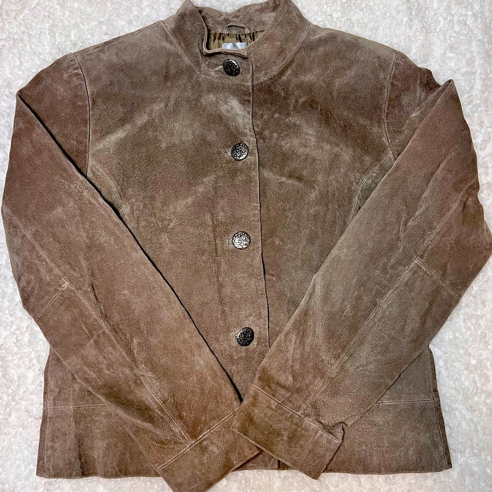 Chico’s Tan Suede 4 button Military Utility Style Jacket Blazer Size 1.
